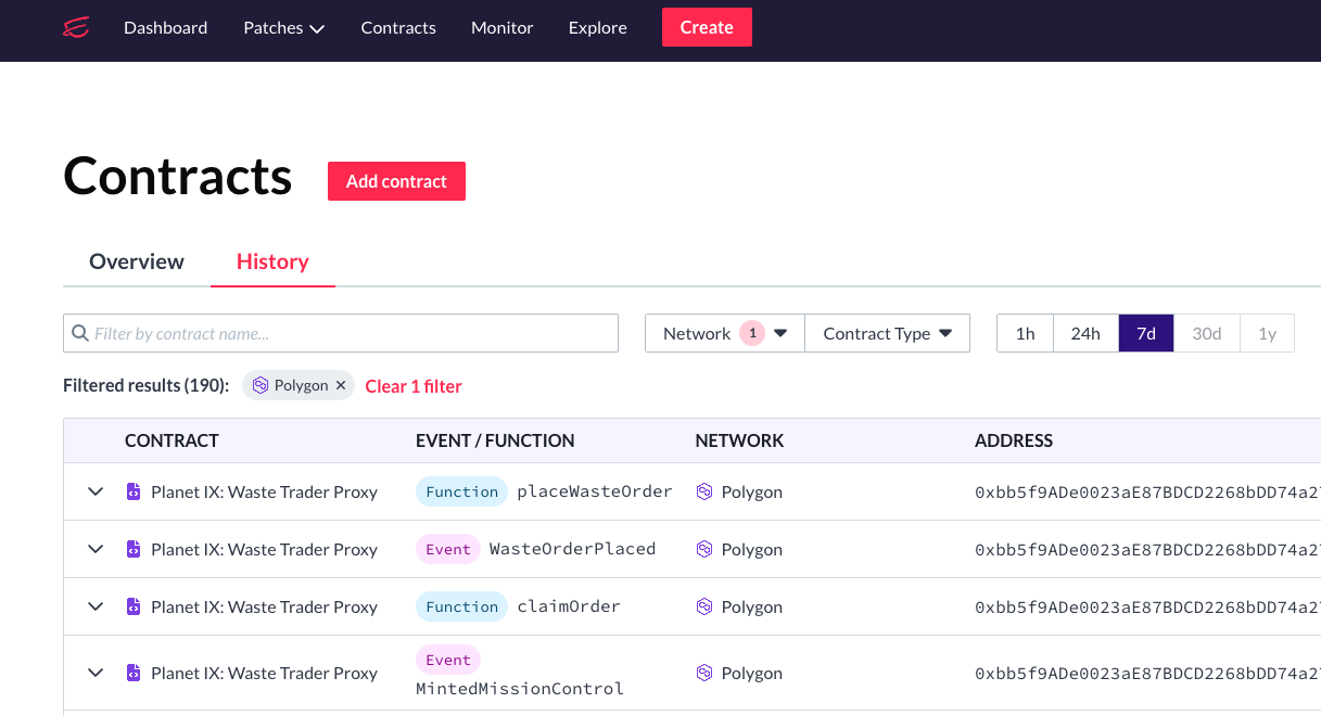 Smart contract activity history table in Esprezzo Dispatch